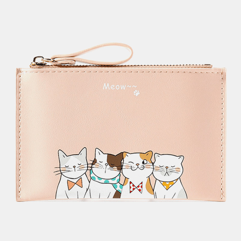 Women Faux Leather Cute Cartoon Cats Printing Ultra-Thin Card Case Coin Bag Wallet - MRSLM