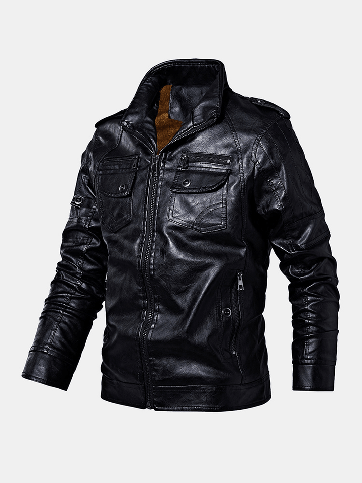 Mens Washed Vintage Multi-Pocket Zipper Lapel Winter Thicken PU Leather Jacket - MRSLM