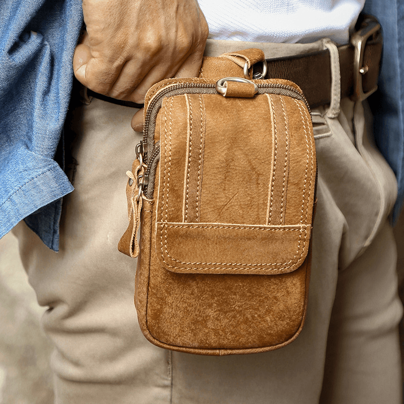 Men Multifunctional Large Capacity 6.3 Inch Phone Bag Genuine Leather Waist Bag Wear-Resistant Belt Bag with Hook - MRSLM