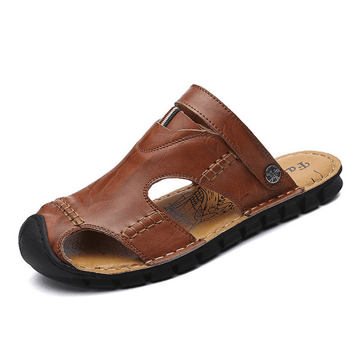 Men Casual Soft anti Collision Toe Genuine Leather Sandals - MRSLM