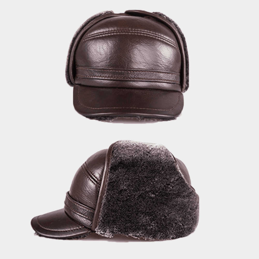 Men Genuine Leather Winter Thicken Warmth Baseball Cap Built-In Ear Protection Earmuffs Design Middle-Aged Elderly Leather Hat Trapper Hat - MRSLM