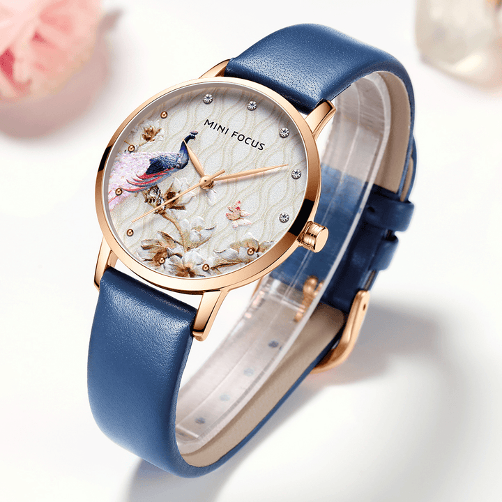 MINI FOCUS MF0330L Fashion Women Peacock Flower Pattern Genuine Leather Quartz Watch - MRSLM