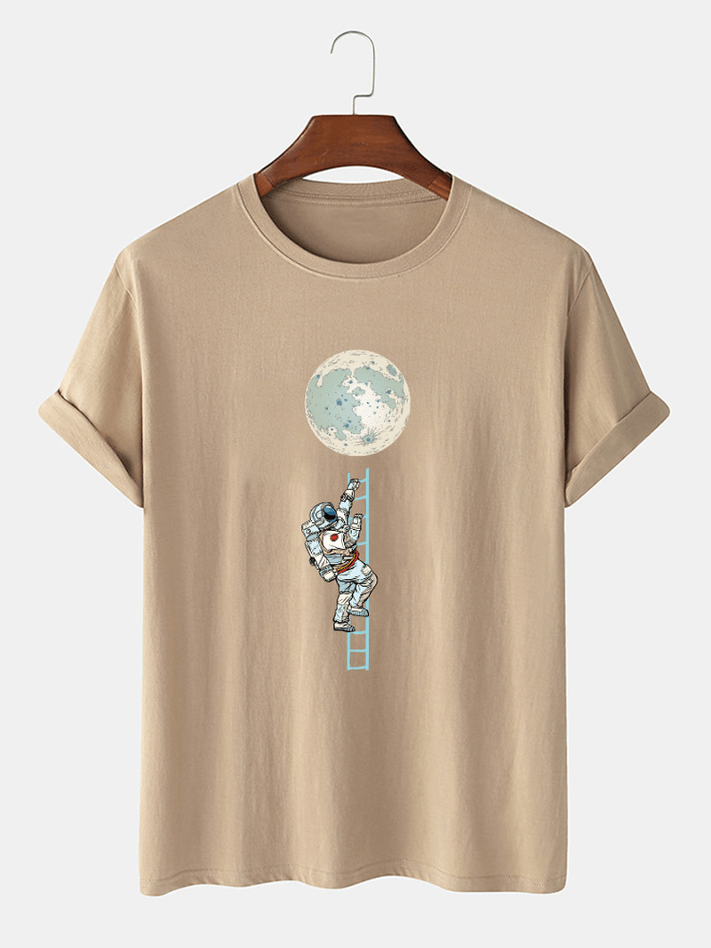 Mens 100% Cotton Funny Astronaut Print Short Sleeve Casual T-Shirts - MRSLM