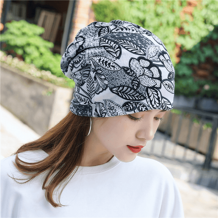 Women Cotton Floral Leaf Printing Pattern Casual Outdoor Dual-Use Neck Protection Brimless Beanie - MRSLM