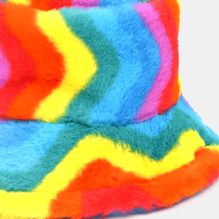 Unisex Faux Rabbit Fur Rainbow Color Striped Thicken Outdoor Warmth Bucket Hat - MRSLM