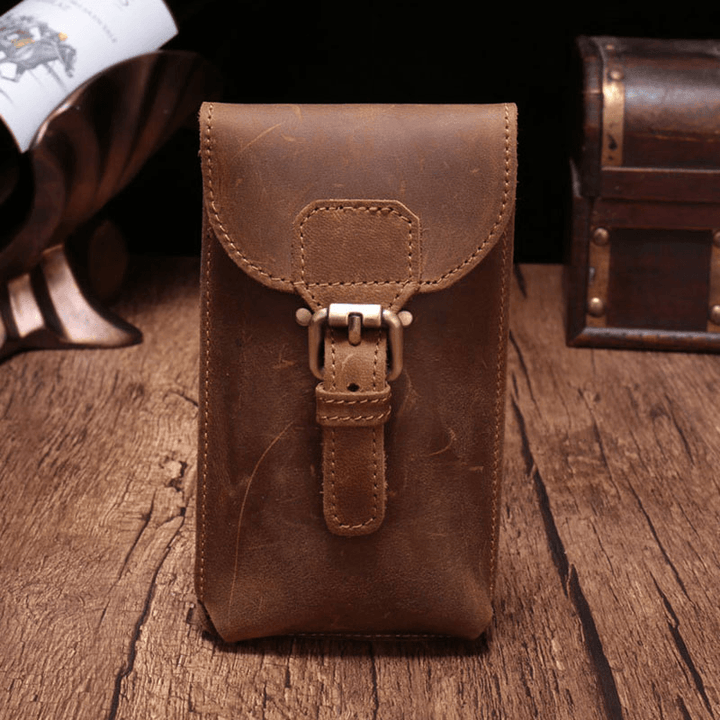 Men Genuine Leather Waterproof Vintage Casual 5.8 Inch Phone Bag Cowhide Waist Bag with Hook - MRSLM