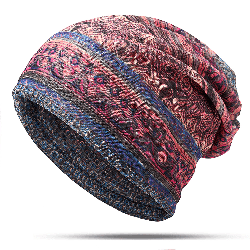 Women Cotton Ethnic Plaid Multifunctional Beanie Hat Scarf Vintage Good Elastic Turban Caps - MRSLM