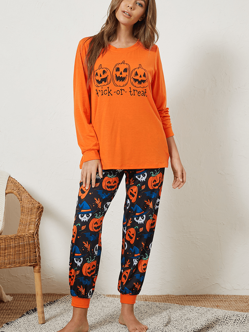 Plus Size Women Halloween Cartoon Pumpkin & Ghost Elastic Waist Jogger Pants Cozy Pajama Set - MRSLM