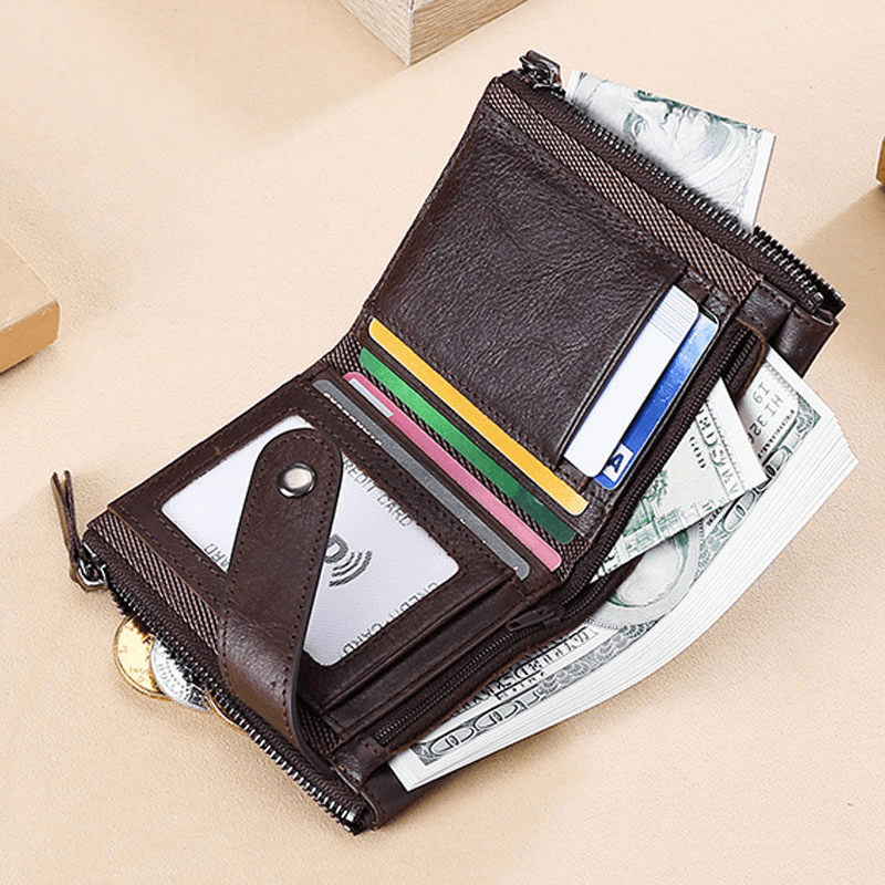 Men Genuine Leather RFID Blocking Vintage Double Zipper Cards Holder Wallet - MRSLM