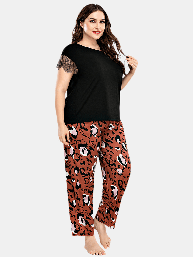 Plus Size Women Lace Black Short Sleeve Top Leopard Pants Home Casual Pajama Set - MRSLM