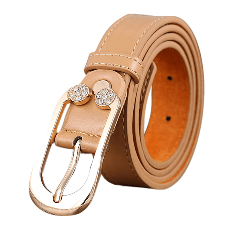 Women Ladies Second Layer Leather Belt Diamond Waist Belt Metal Pin Buckle Dress Waistband - MRSLM