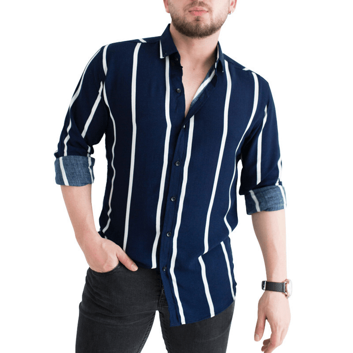 Men'S Printed Striped Lapel Business Casual Shirt - MRSLM