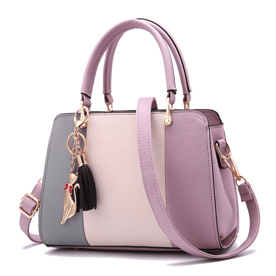 Stitching PU Leather Designer Purses and Handbag Casual Shoulder Bag Warm Sweet Tote with Tassels for Women Daily - MRSLM