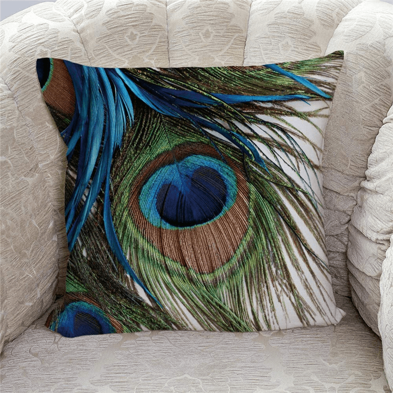 Linen Cushion Cover Peacock Feather Throw Pillow Case Home Sofa Cover - MRSLM