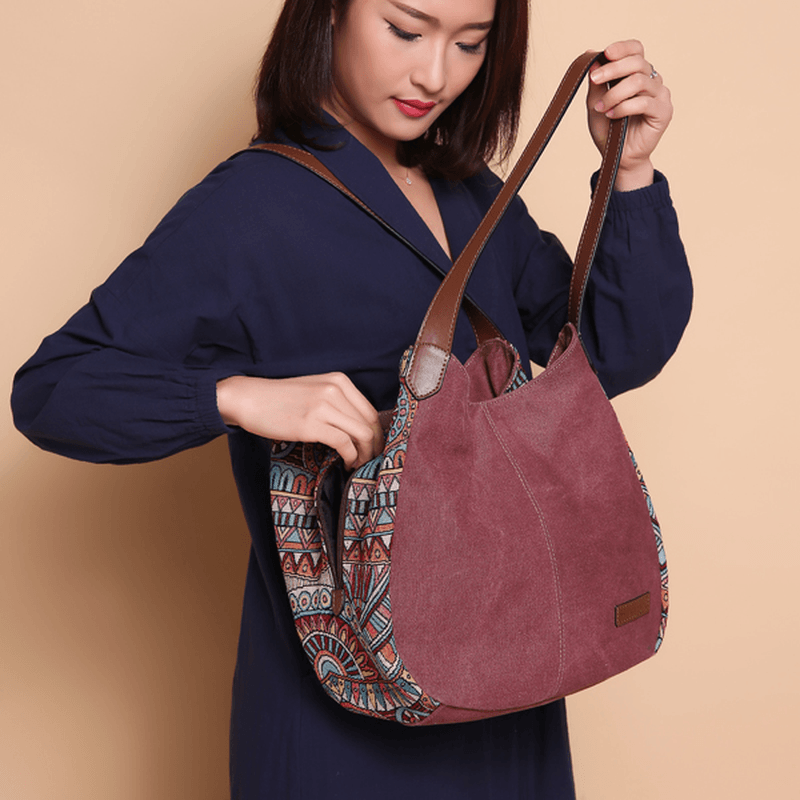 3 Main Bags Brenice Bohemia Large Capacity Canvas Floral Handbag Shoulder Bag for Women - MRSLM