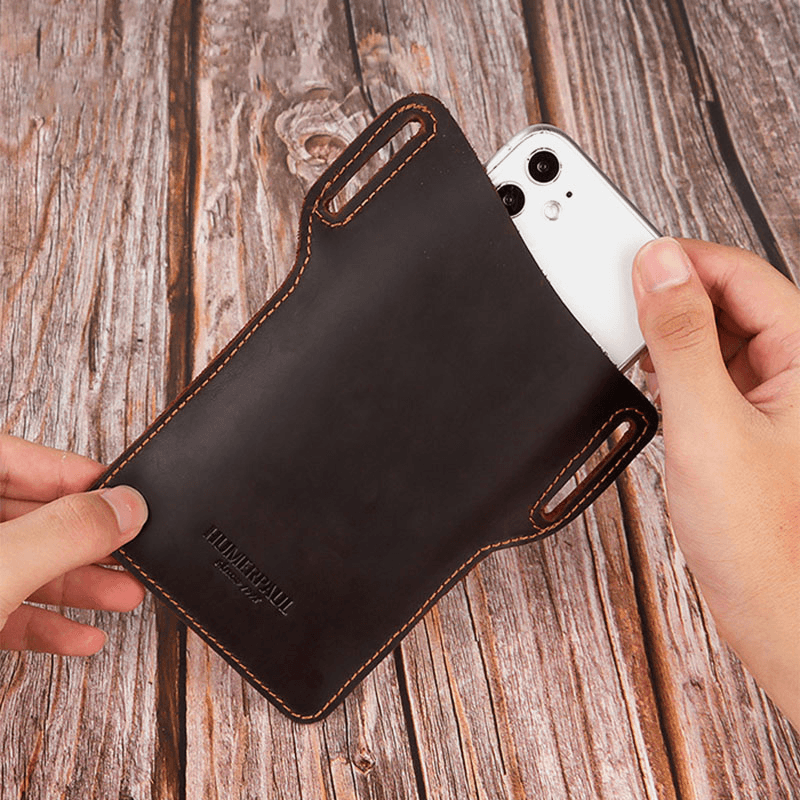 Men EDC Genuine Leather 6.5 Inch Phone Holder Sleeve Case Waist Belt Bag - MRSLM