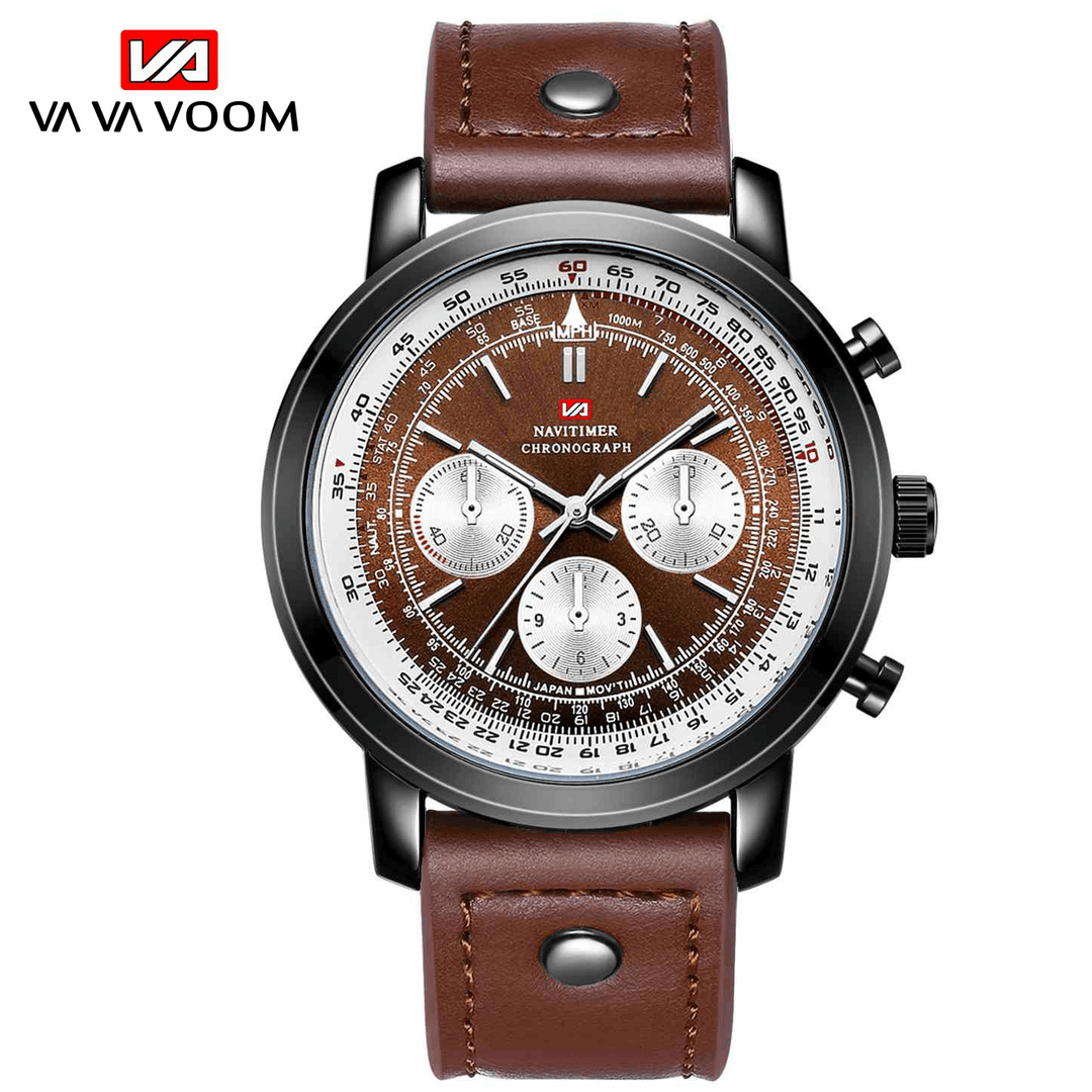 VAVA VOOM VA-207 Business Large Dial Genuine Leather Strap Chronograph Waterproof Men Quartz Watch - MRSLM