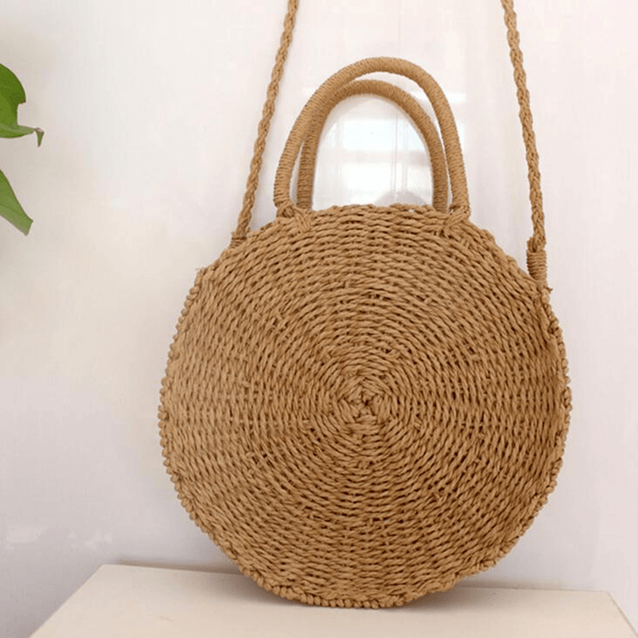 Round Women Girls Straw Rattan Bag Circle Handbag Handwoven Summer Beach Bali - MRSLM