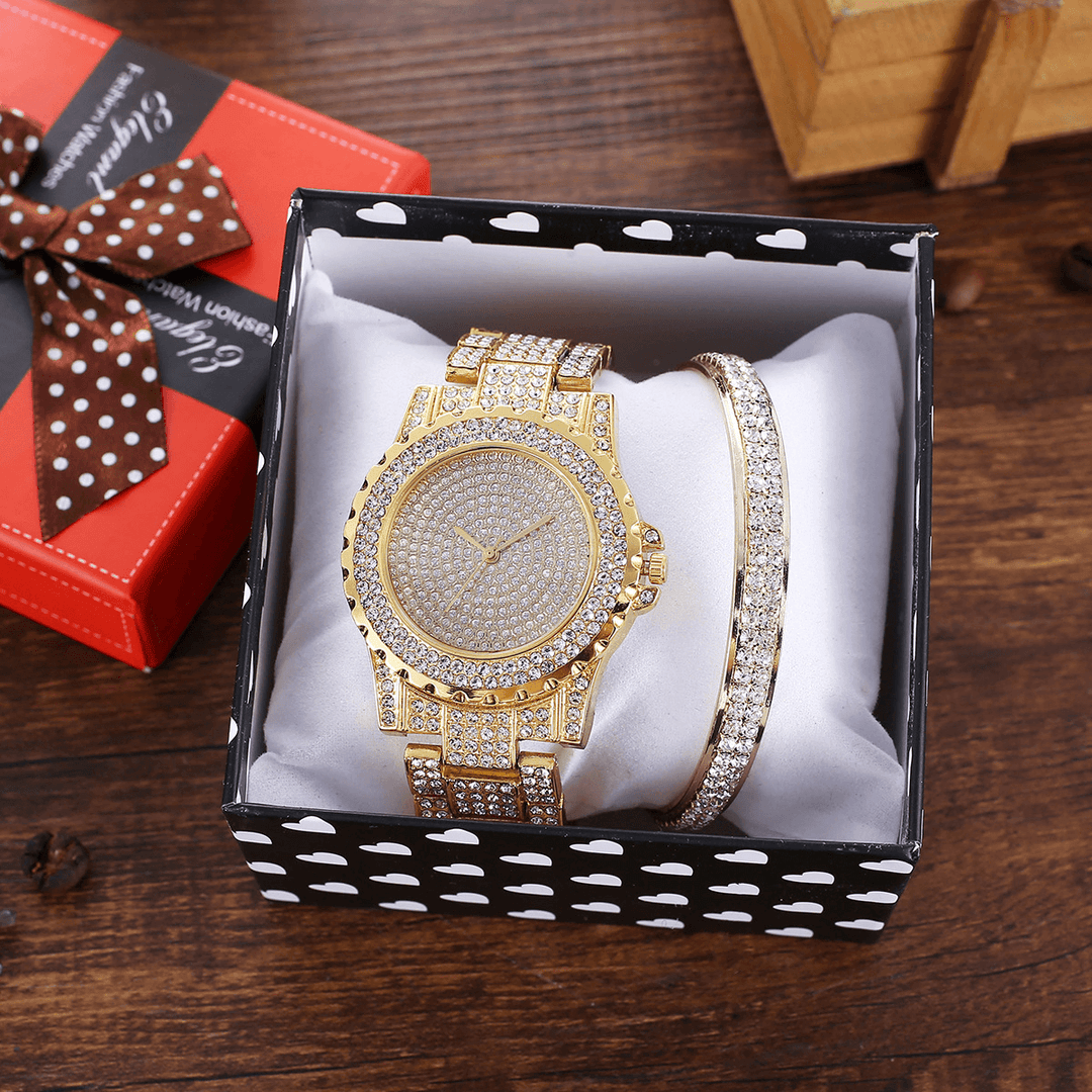 2Pcs Fashion Luxury Full Diamond Steel Band Quartz Watch Punk Rhinestone Bracelet Set - MRSLM