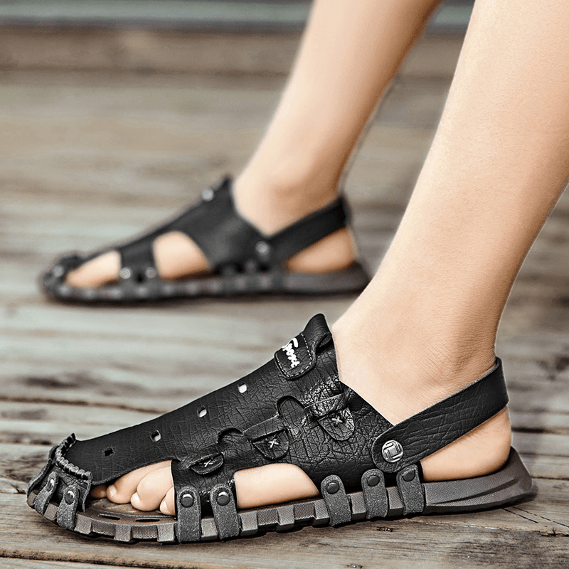 Men PU Sandals Two-Ways Breathable Closed Toe Casual Vintage Slippers - MRSLM