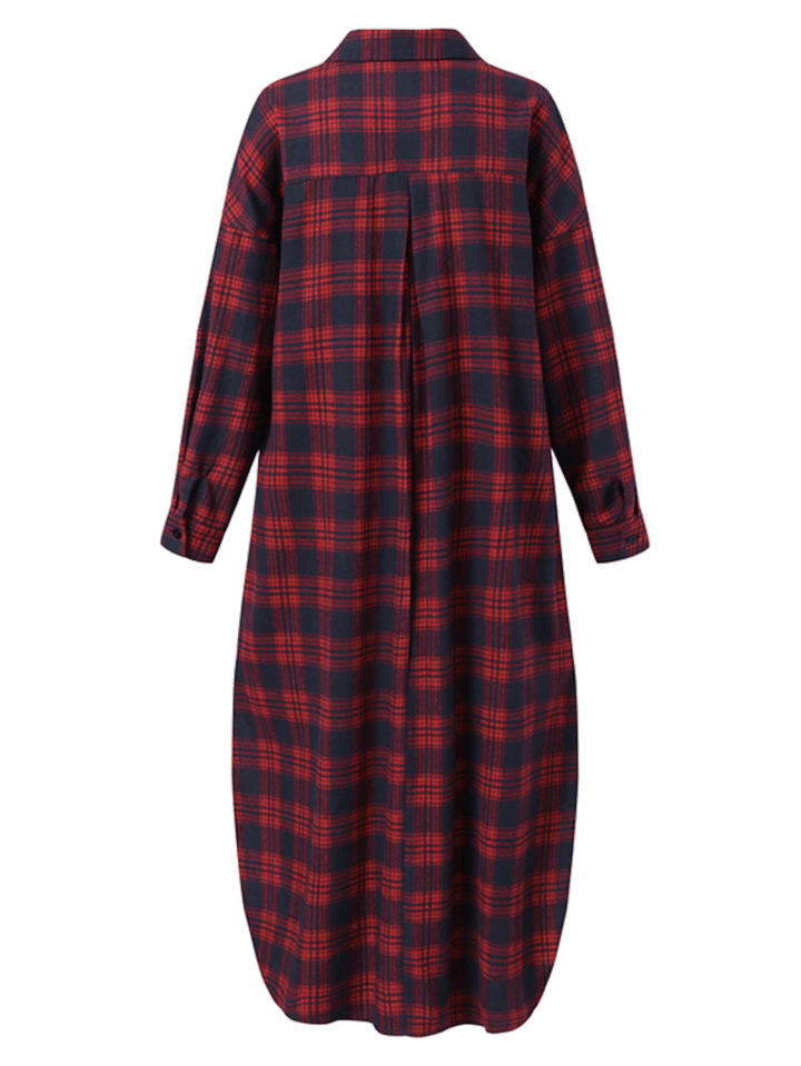 Women Plaid Retro Button Cuffs Split Side Pockets Lapel Long Sleeve Shirtdress Cardigan - MRSLM