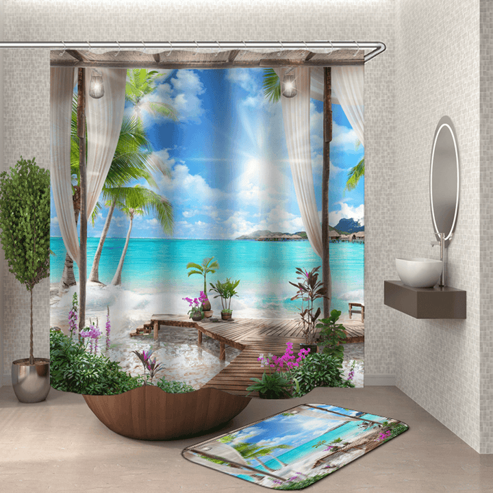 1/3Pcs Shower Curtain Set Bay Printing Toilet Cover Mat Bathroom Non-Slip Mat - MRSLM