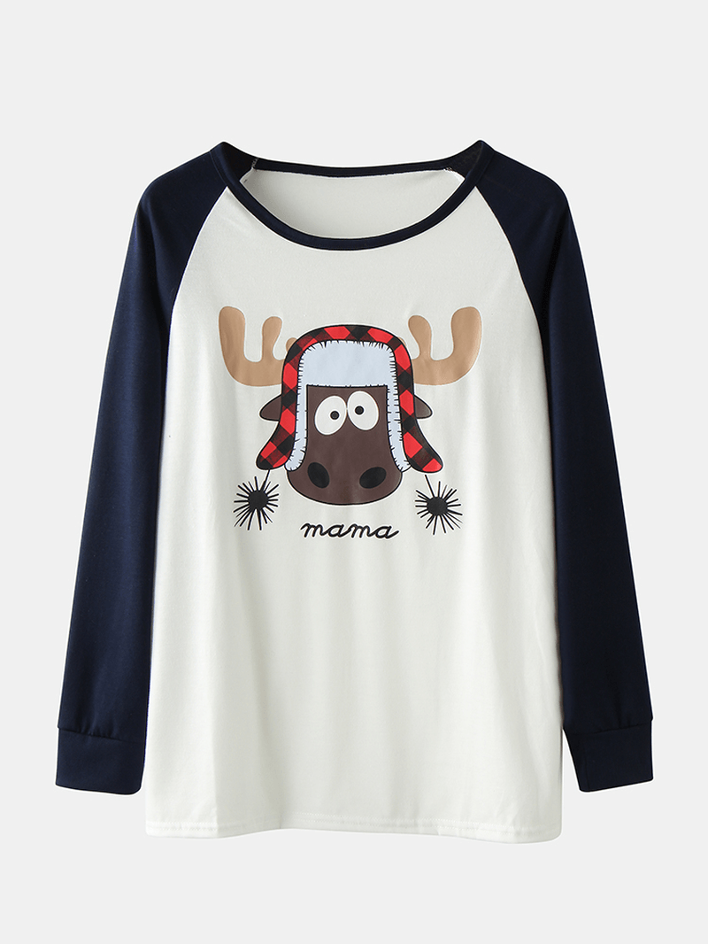 Women Cartoon Elk Print Raglan Sleeves Top Print Elastic Waist Pants Home Christmas Pajama Set - MRSLM