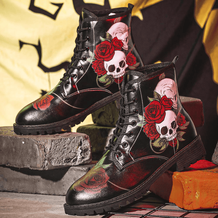 Men Leather Halloween Retro Floral Soft Sole Lace up Skull Printing Comfy Casual Boots - MRSLM