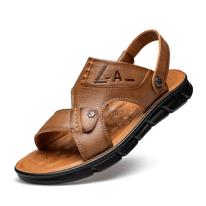 Men Cowhide Leather Opened Toe Non Slip Comforty Beach Casual Outdoor Sandals - MRSLM