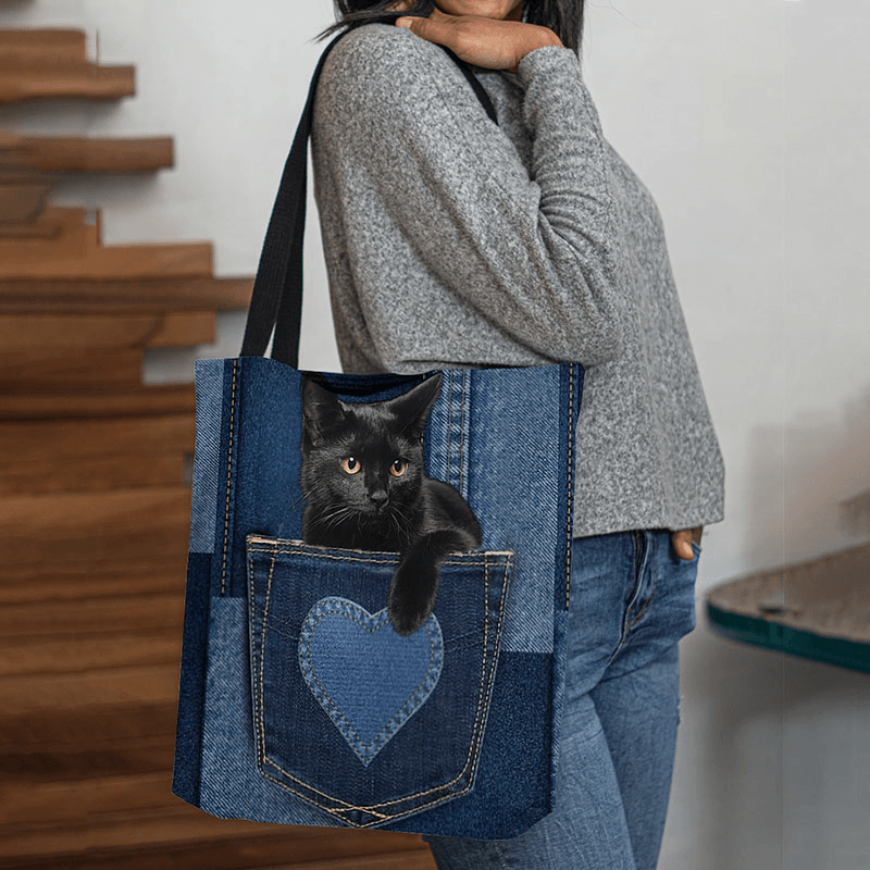 Women Felt Cute 3D Three-Dimensional Black Cat inside Jeans Pattern Shoulder Bag Handbag Tote - MRSLM