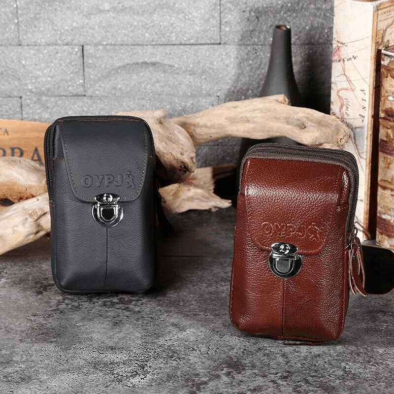 Men Genuine Leather Retro Business Waterproof 6.3 Inch Phone Bag Waist Bag with Belt Loop - MRSLM