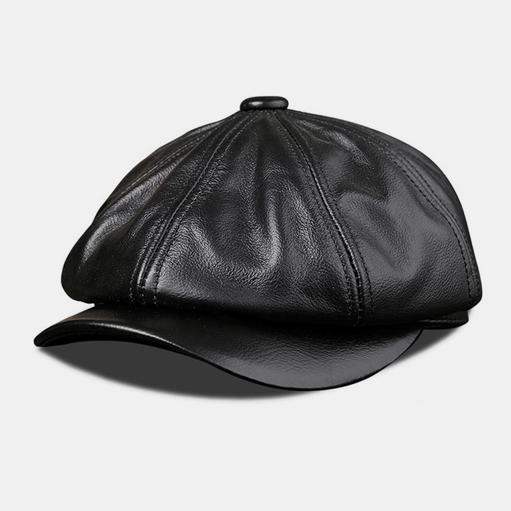 Men Genuine Leather Cowhide Retro Fashion Octagonal Hat Newsboy Hat Beret Hat Flat Hat - MRSLM