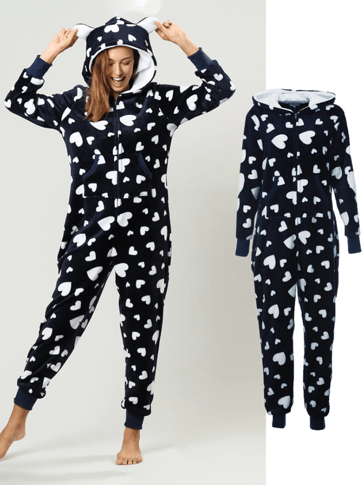 Flannel Heart Printed Front Zip Hoodie Onsie with Pocket Pajama Set - MRSLM