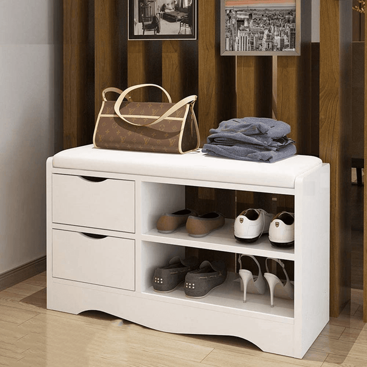 2 Layers Shoe Rack Shoes Bench Storage Cabinet Shoe Organizer Multifunctional Wooden Seat Stool with 2 Drawers - MRSLM