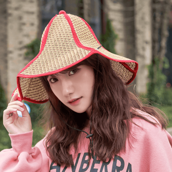 Women Folding Paper Straw Hat Hexagonal Fabric Hemming Sunshade Bucket Hat Sun Hat - MRSLM