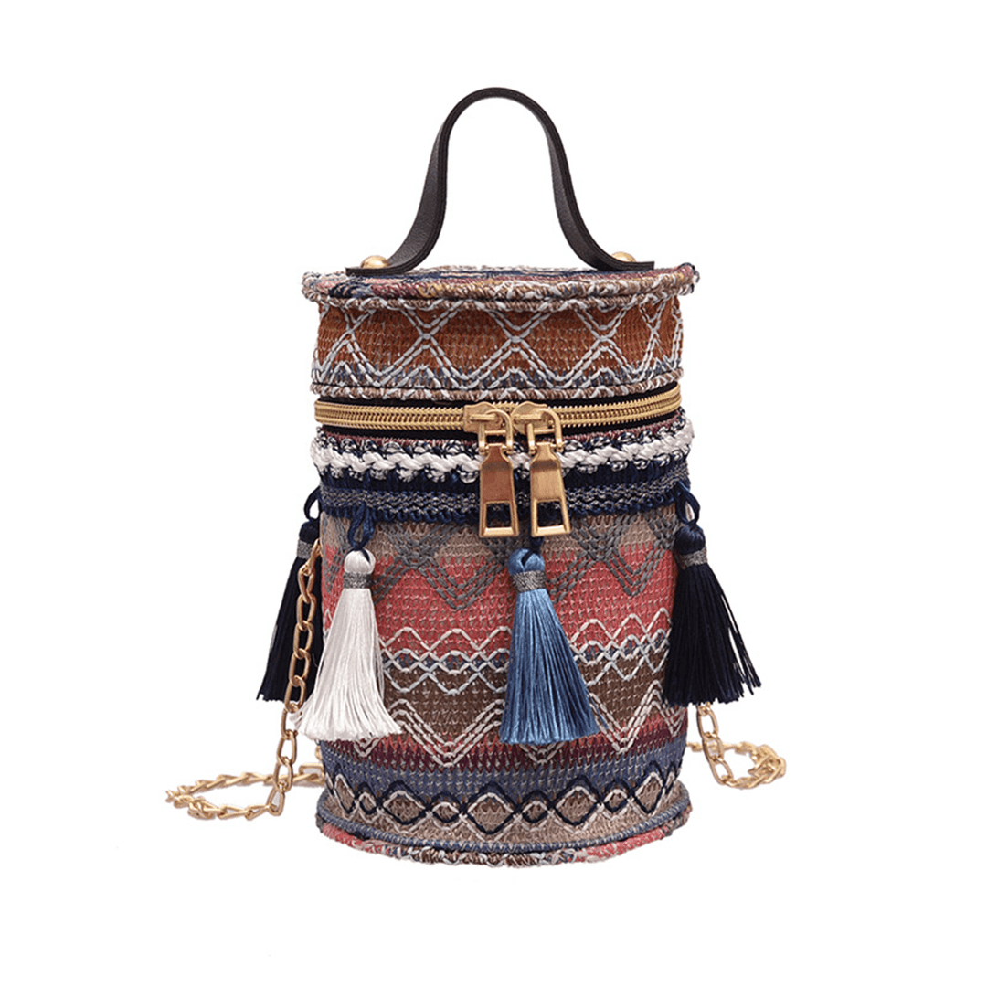 2.4L Women Handbag Straw Tassel Metal Chain Shoulder Bag Beach Tote Outdoor Travel - MRSLM