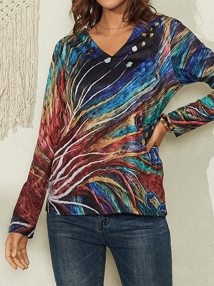 Women Colorful Art Lines Print V-Neck Long Sleeve Casual Blouse - MRSLM