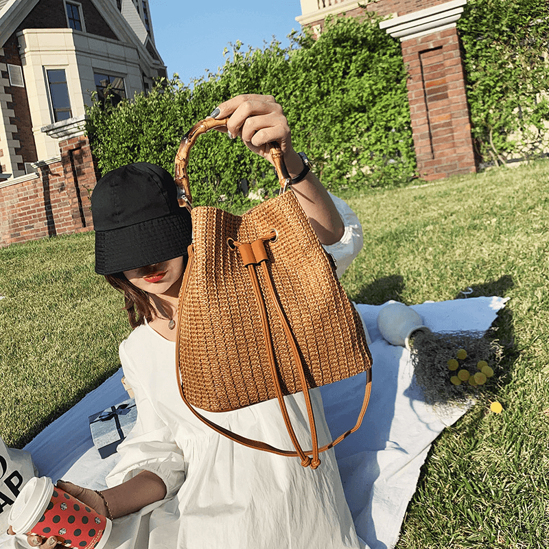 Women Solid Color String Casual Straw Bag Handbag Shoulder Bag Crossbody Bags Bucket Bag - MRSLM