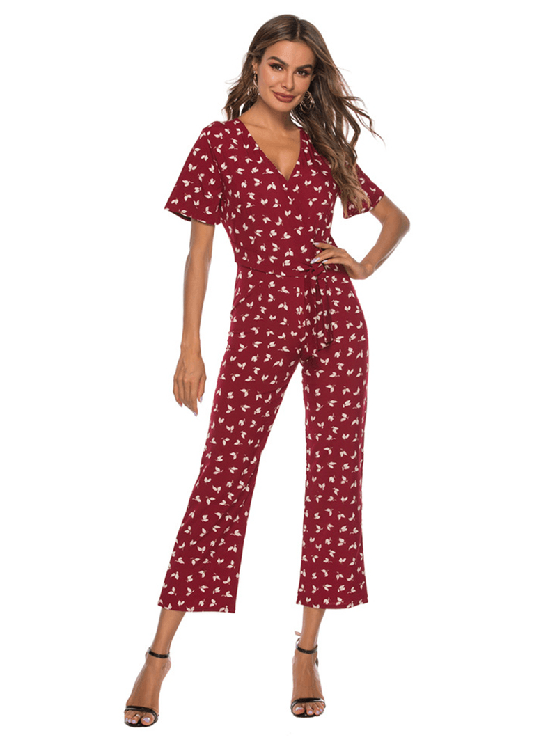 Chiffon V-Neck Print Short Sleeve Causal Jumpsuit - MRSLM