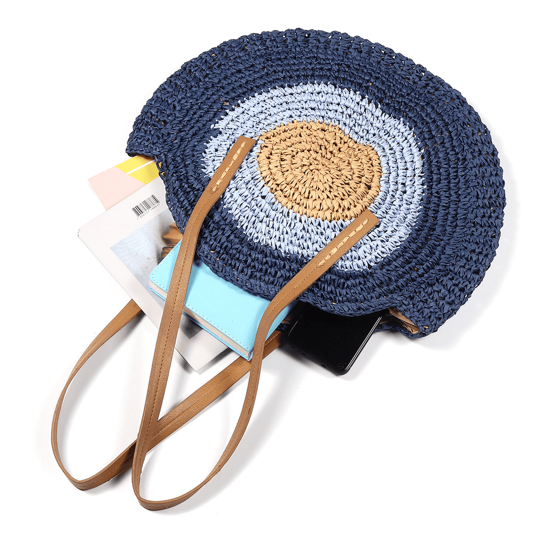 Women Beach round Straw Bag Bucket Rattan Woven Handbag Shoulder Bag Outdoor Travel - MRSLM