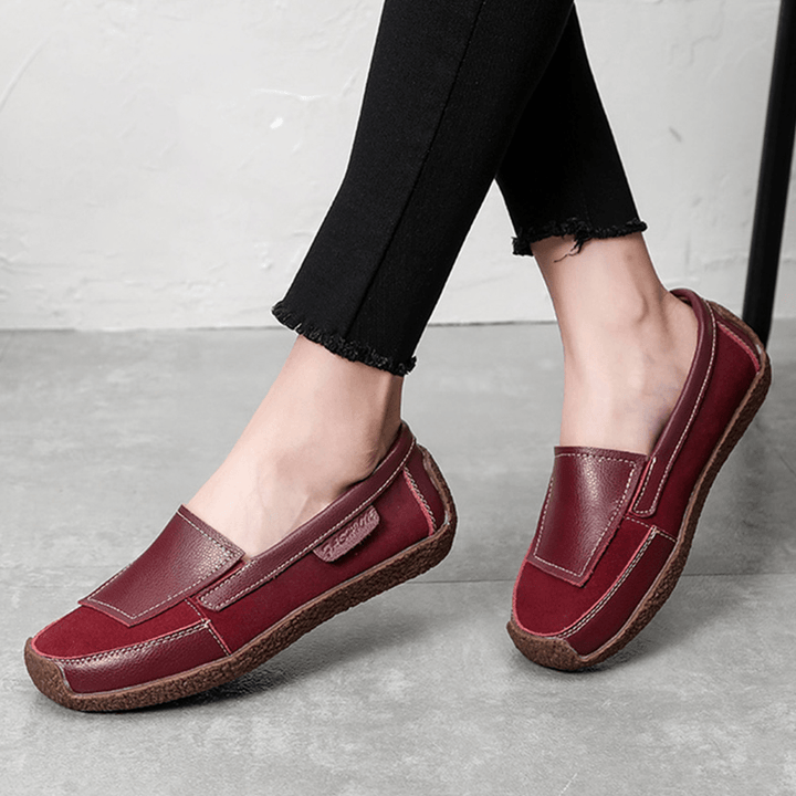 Women Comfy Leather Splicing Soft Slip on Flat Loafers - MRSLM