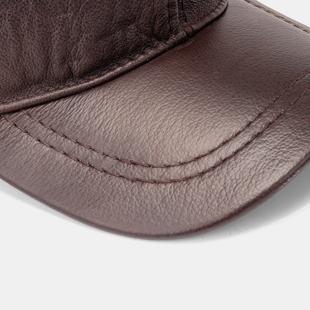 Men Genuine Leather Solid Color Ear Protected plus Thick Casual Baseball Hat - MRSLM