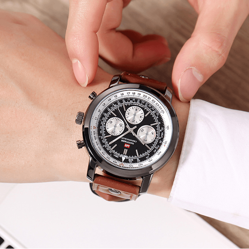 VAVA VOOM VA-207 Business Large Dial Genuine Leather Strap Chronograph Waterproof Men Quartz Watch - MRSLM