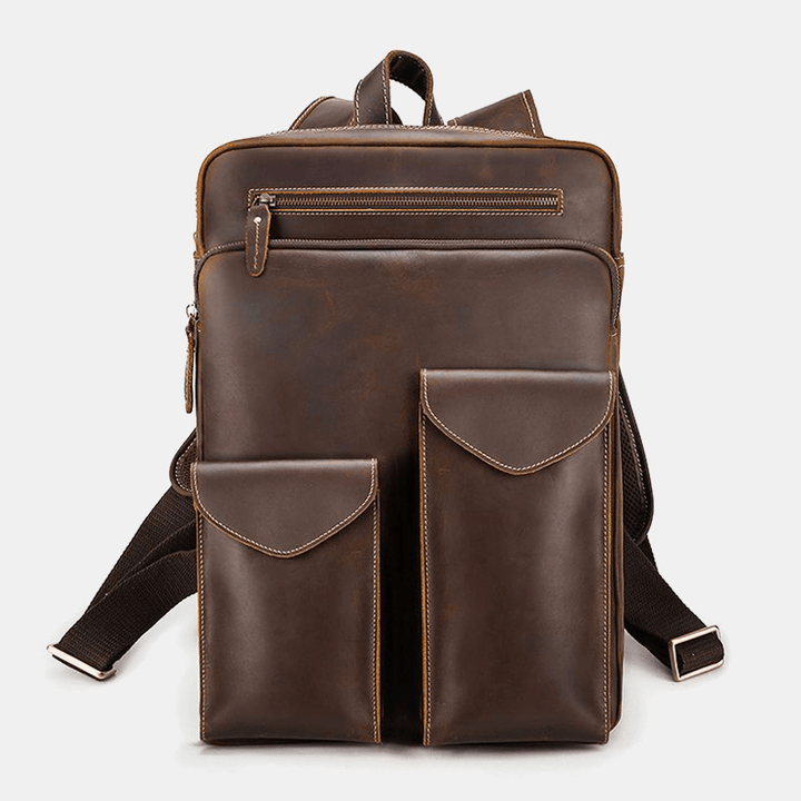 Men Genuine Leather Large Capacity Retro Casual Fashion 14 Inch Laptop Bag Travel Bag Business Backpack - MRSLM