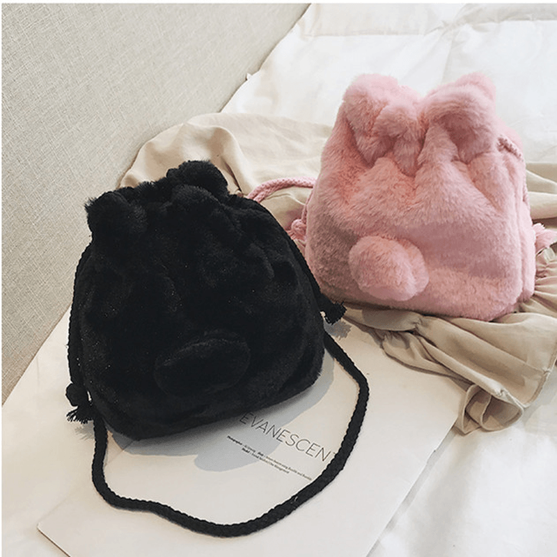 Cute Plush String Bucket Bag Shoulder Bag Crossbody Bag - MRSLM