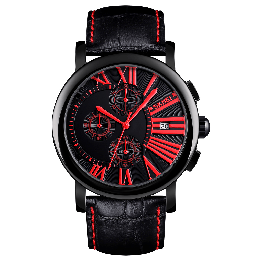 SKMEI 9196 Men Fashion Leather Strap Stopwatch Date Display Roman Numerals Sport Quartz Watch - MRSLM