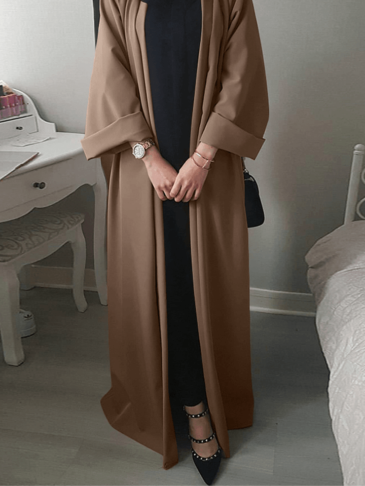 Women Vintage Solid Color Loose Casual Cardigan Abaya Kaftan Long Sleeve Robe - MRSLM