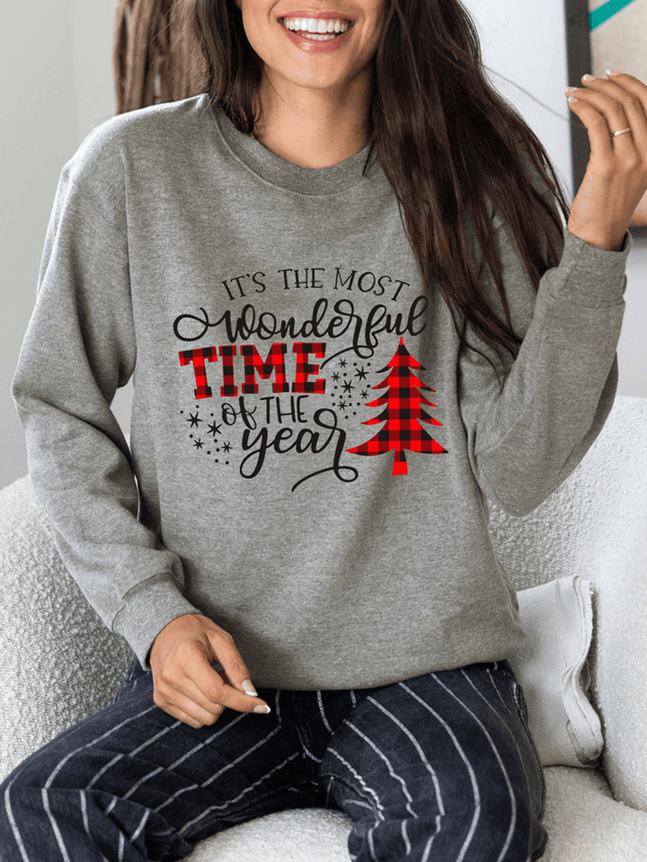 Women Christmas Letter Print O-Neck Drop Shoulder Loose Pullover Sweatshirts - MRSLM