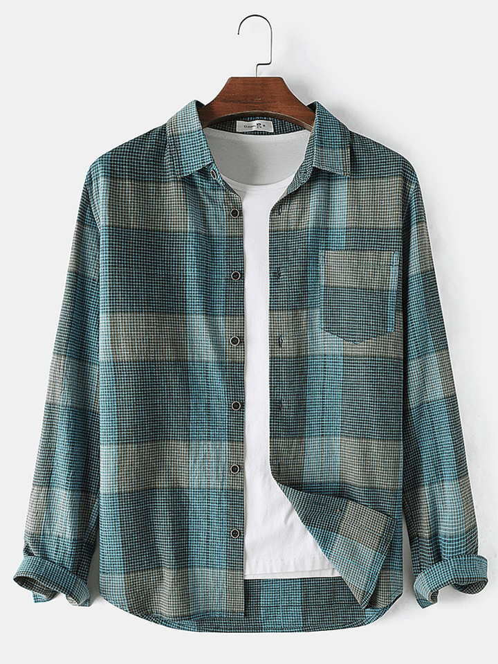 Mens 100% Cotton Colorful Plaid Long Sleeve Pocket Casual Shirts - MRSLM