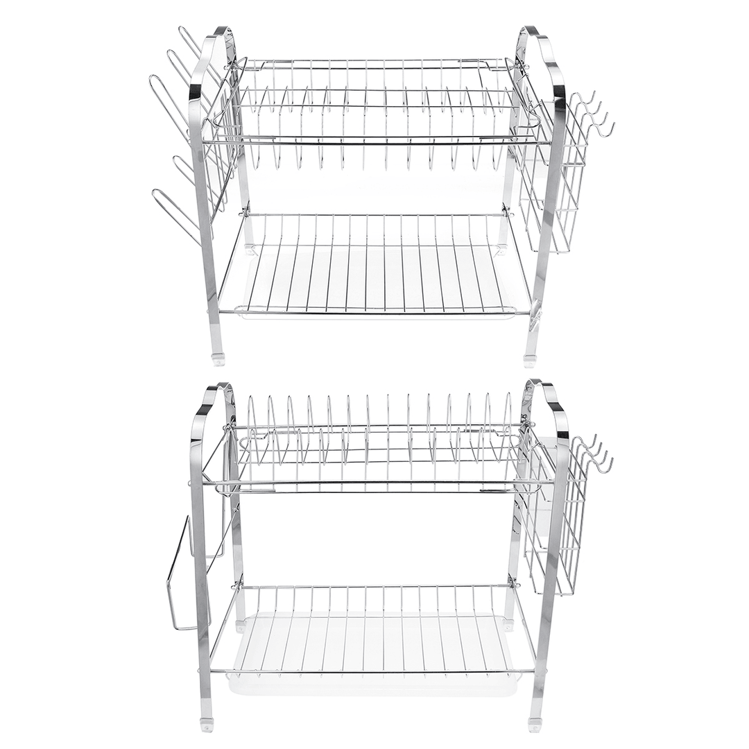 2 Tiers Dish Drying Rack Stainless Steel over Sink Kitchen Cutlery Bowl Storage Holder - MRSLM